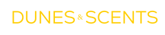 Brand name 'Dunes & Scents' in yellow on a white background