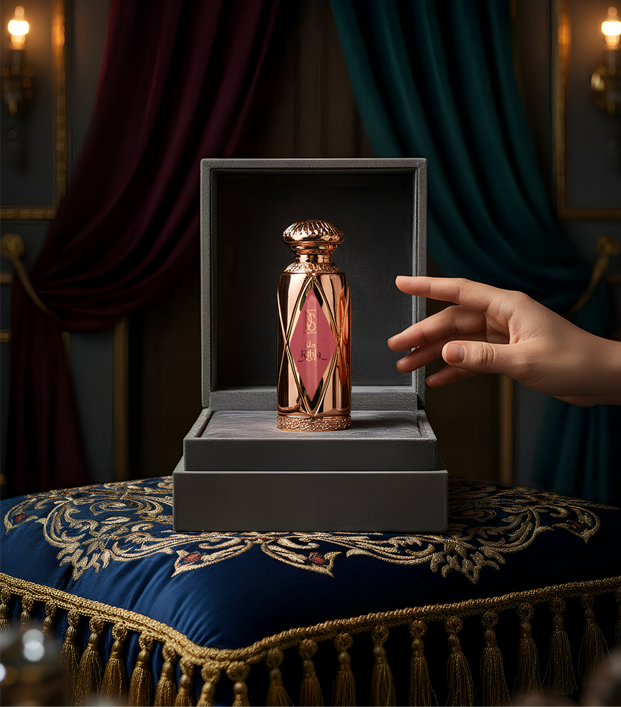 Luxurious perfume bottle in a box with 'Dunes Scents' branding, on an ornate table.